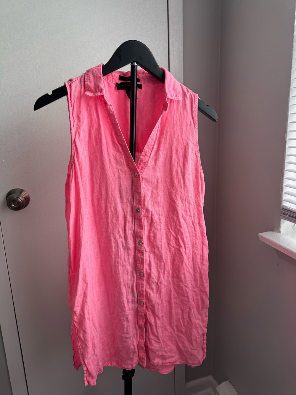 Tahari Small 100% Linen Sleeveless Button Front Tunic Top Pink Collared Shirt